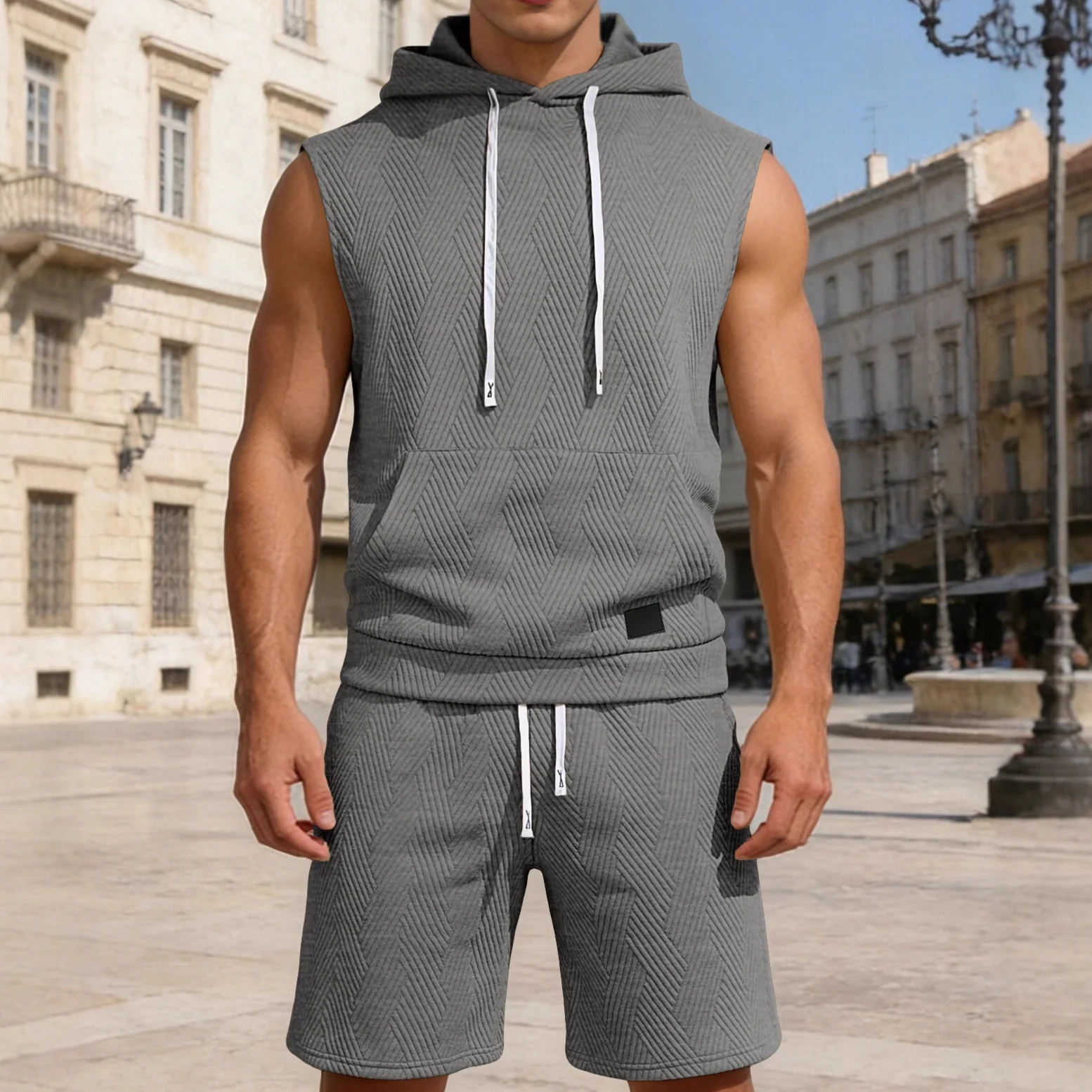 

Solid-Color Jacquard Knitted Hooded Casual Sports Vest And Shorts Set Short-Sleeved Comfortable Breathable Active Wear