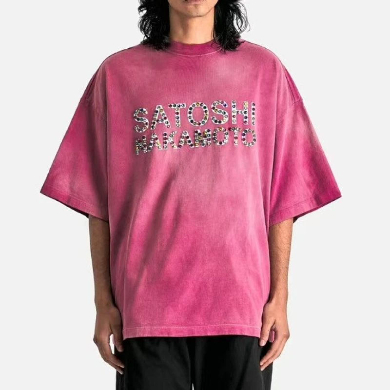 New Arrival Satoshi Short Sleeve Studded Letter Logo Cotton Men Women Retro Breathable Washing Street Tshirt