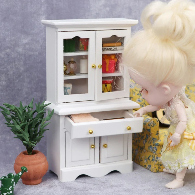 1:12 Miniature White Kitchen Cabinet Cupboards with Working Drawer Dollhouse Furniture Accessories