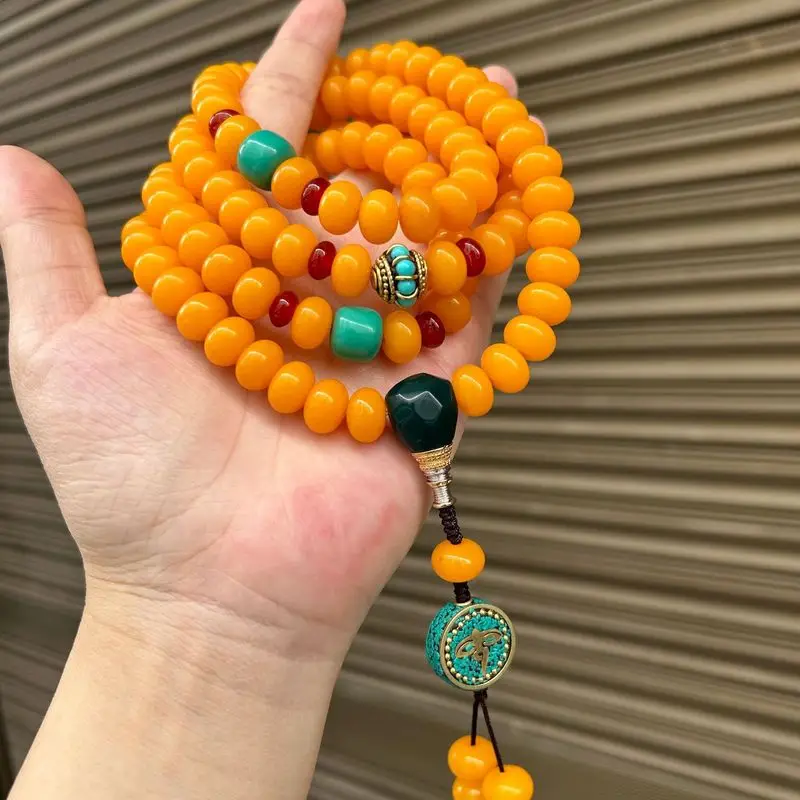 108 Multi-Strand Abacus Bead Bracelet, Yellow Jade Bodhi Root Necklace, Buddhist Prayer Beads