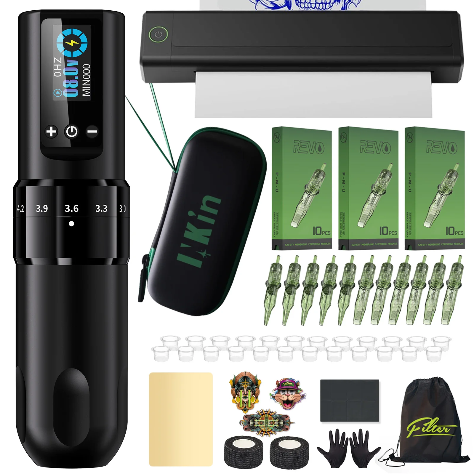 

Полные наборы для татуировки Беспроводная тату-машинка Ручка Регулируемый ход 1600 мАч Батареи Принтер для татуировки Трафарет Bluetooth