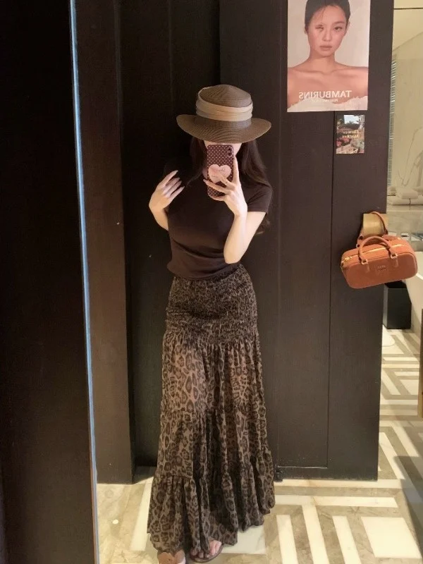 

High Waist A-Line Skirt Women's plus Size Midi Skirt Summer Slimming Half-length Leopard Print Skirt Korean Style Commute