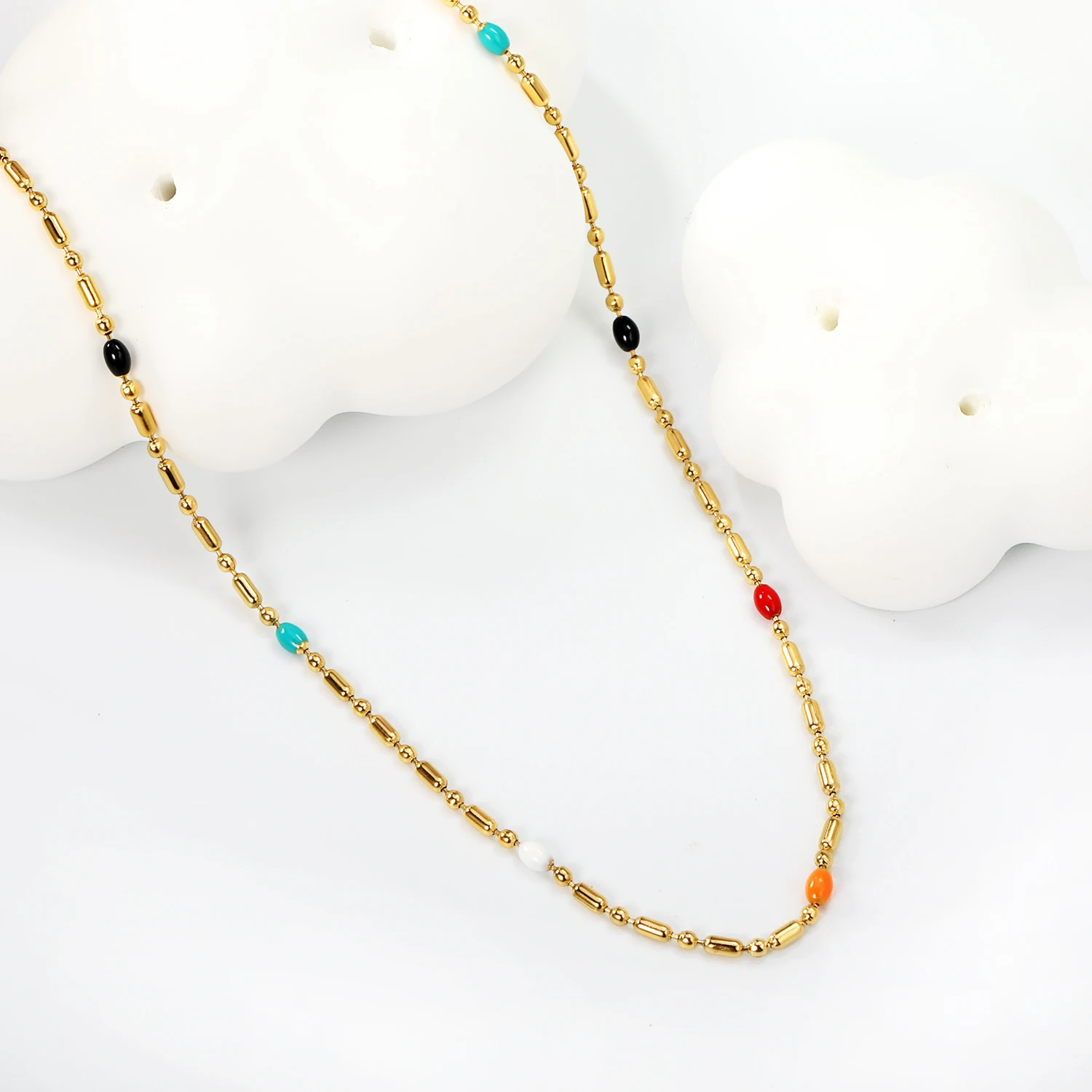 LUXUKISSKIDS Sweet Multicolor Drip-Oil Beads Necklace Women\'s Bohemia Stylish Clavicle Choker Simple Chain Collier Steel Jewelry