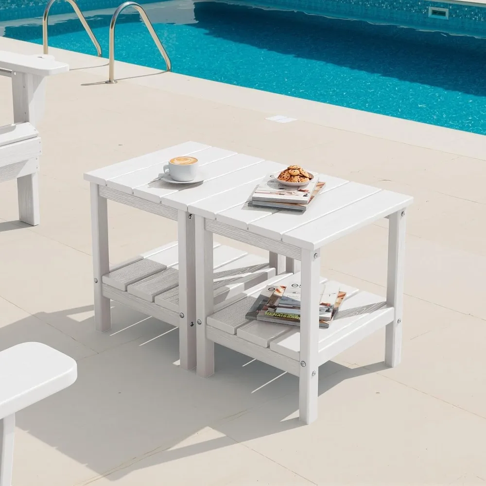 2-Tier HDPE Outdoor Side Tables Set of 2, Weatherproof Rectangular Adirondack Side Table, White, Customized