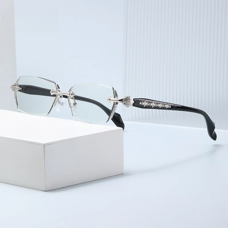 Unisex quadratische randlose Metall-Sonnenbrille, modische Anti-Blaulicht-Brille, klare Brille für Büro und Alltag