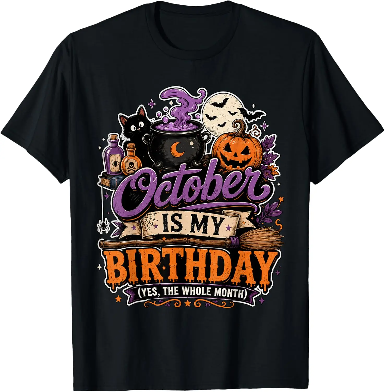 Witchy Pumpkin Cat Spooky October Is My Birthday Halloween T-Shirt Unisex Fashion Printed T‑Shirt for Men Women, 100% Cotton Crew Neck Soft Lightweight Anti‑Pilling Tees,fashion printed t‑shirt, unisex graphic tee, , casual gift t‑shirt