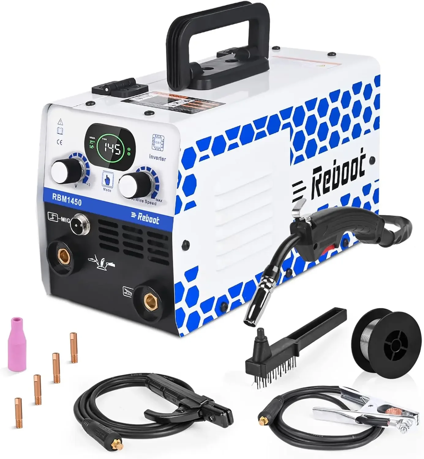 Reboot 145Amp MIG Welder, 110V Flux Core 3-in-1 (MIG/Lift TIG/Stick), IGBT Inverter with Large LED Display, Portable RBM1450.