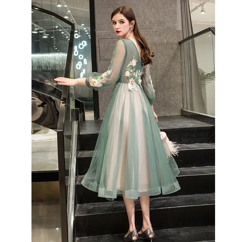 It\'s Yiiya Evening Dresses Green Appliques Floral O-Neck A-line Tea-length Plus Size Robe De Soiree Women Party Formal Gown E773