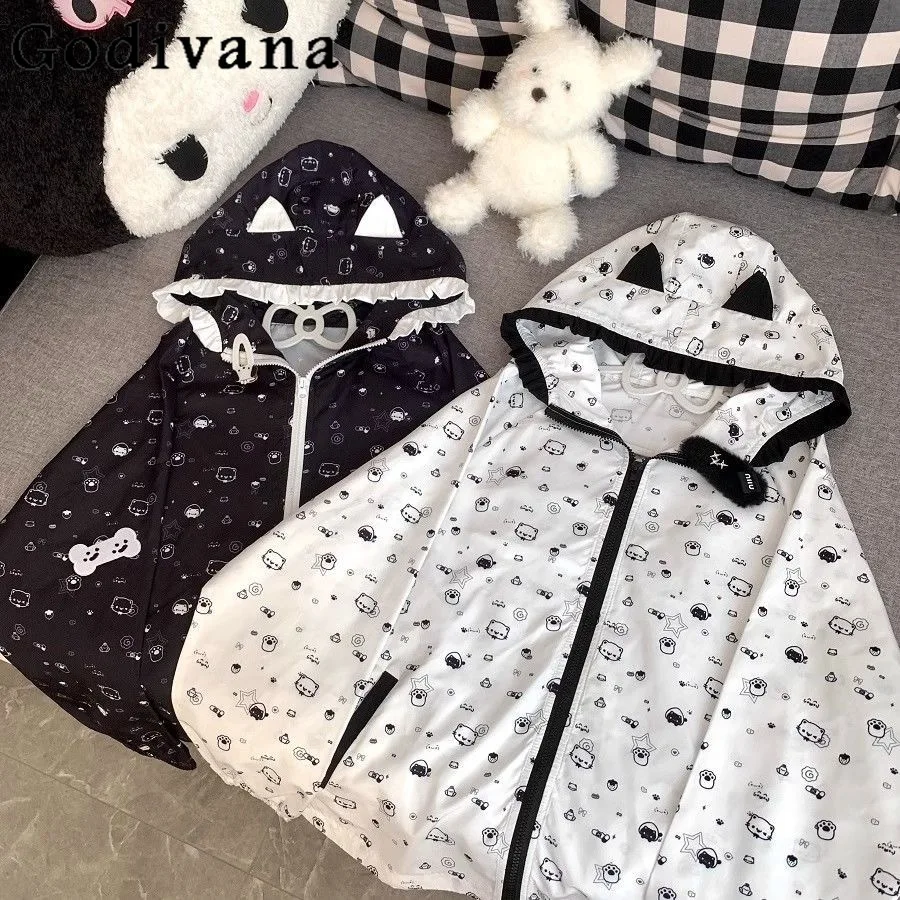 

Куртка Subculture Y2k, японская 2D милая кавайная куртка, весенне-осенняя одежда с капюшоном и кошачьими ушками для девочек, солнцезащитная одежда с принтом в горошек