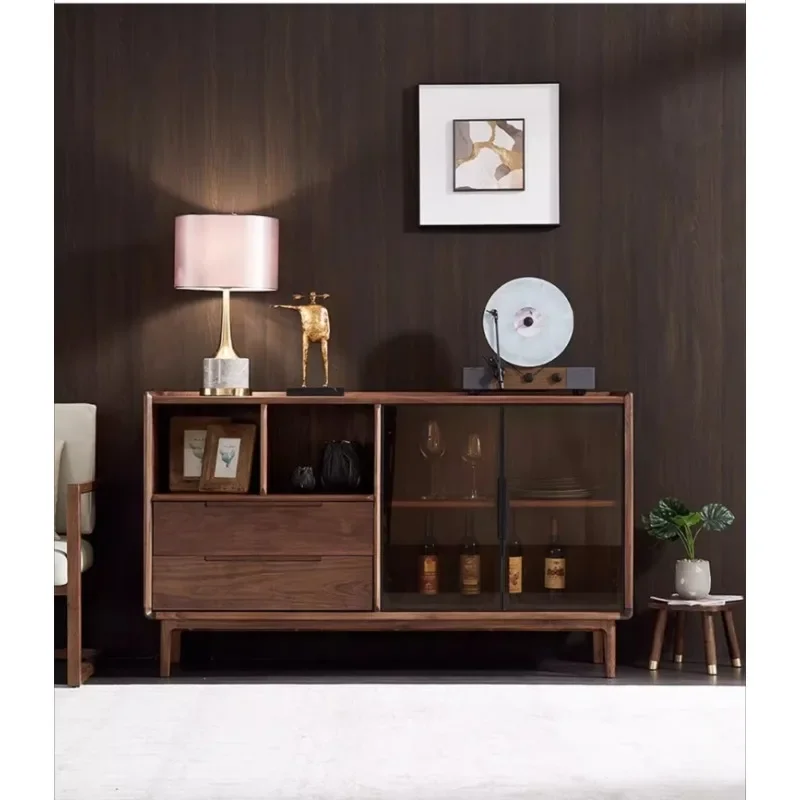 

Multifunctional side cabinet North American black walnut solid wood Nordic simple glass door storage locker