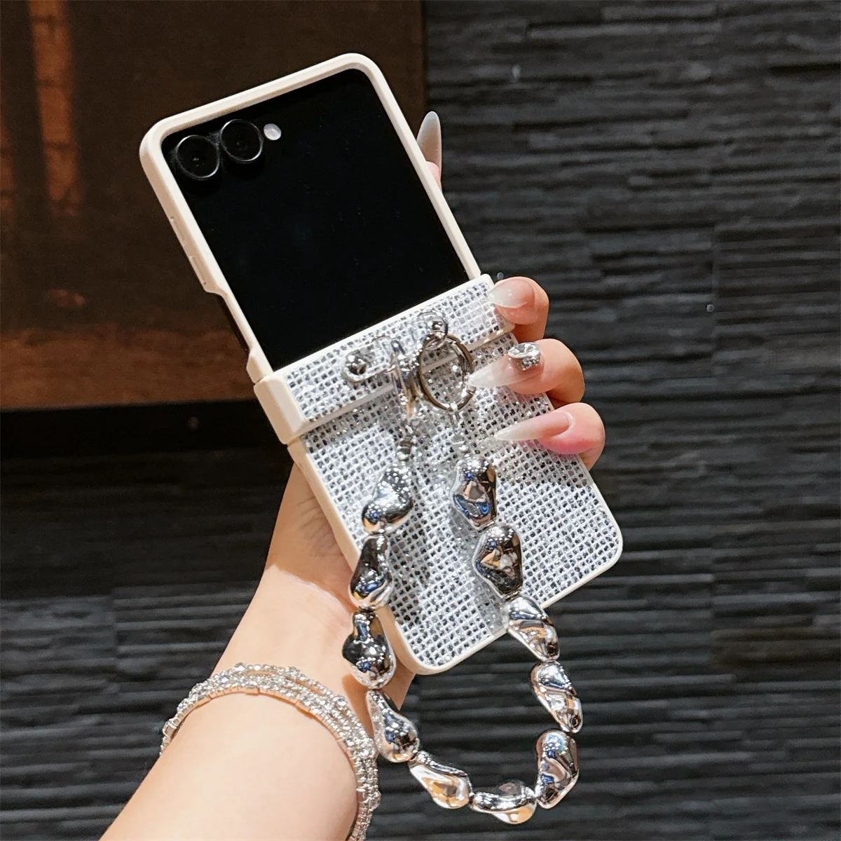 Diamond Sparkling Powder Handgelenkschlaufe Handyhülle für Samsung Galaxy Z Flip 7 6 5 4 Flip6 Flip5 Flip4 Flip7 FE 5G Schutzhülle