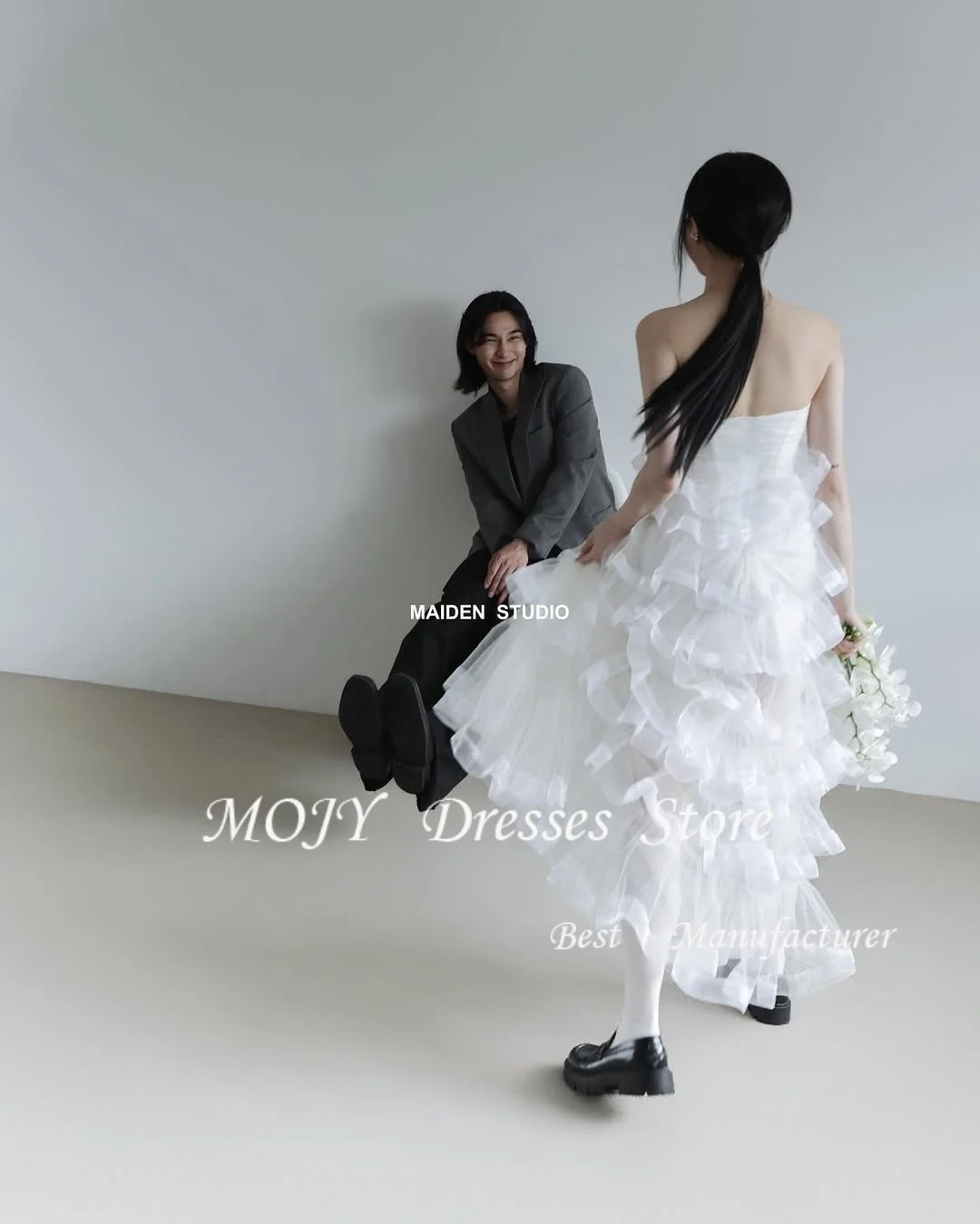 Mojy princesse à plusieurs niveaux bretelles a-ligne corée robes de mariée personnalisé soie Tulle robes de mariée élégantes ...........