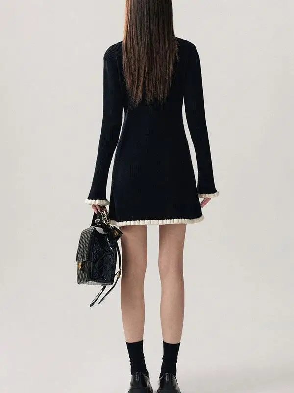 BWQ Autumn Winter French Fashion Old Money Long Sleeve Knit Dress Women 2000s V-Neck Frock Mini One-Piece Vintage Elegant