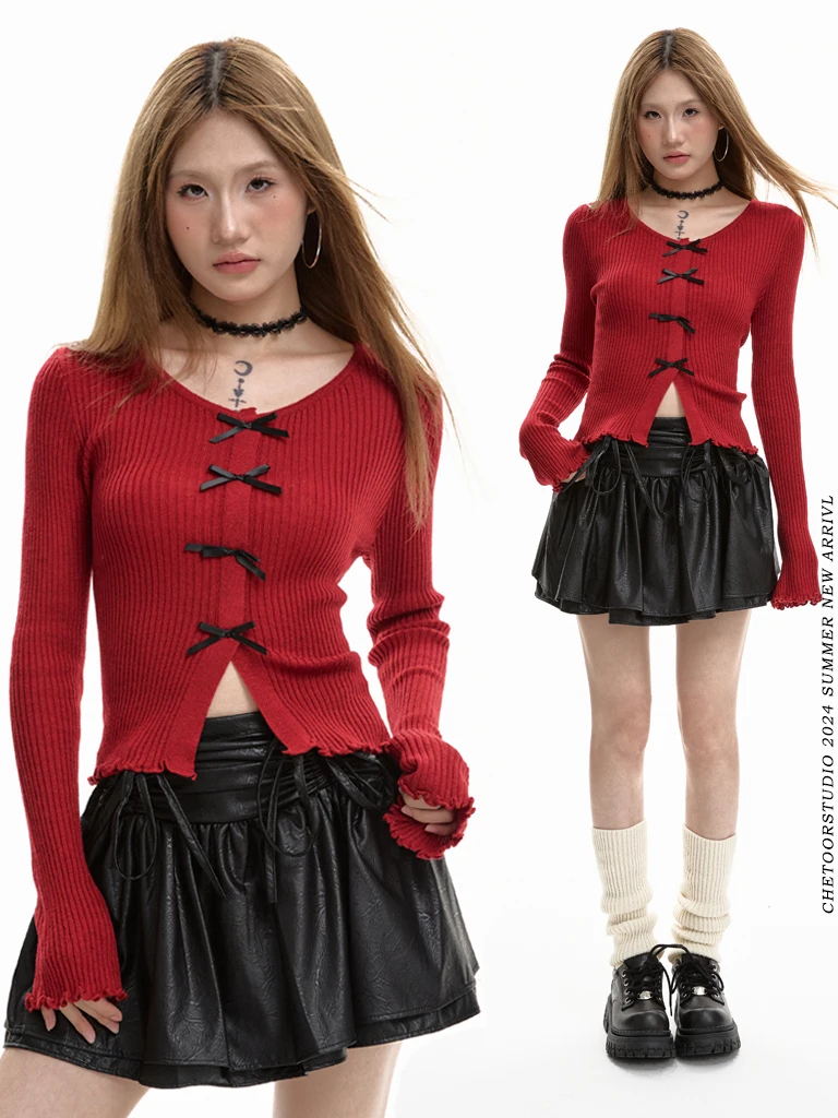 

Стильный и дерзкий красный вязаный свитер с длинными рукавами для женщин, весна-осень, приталенный, с узором «узел»