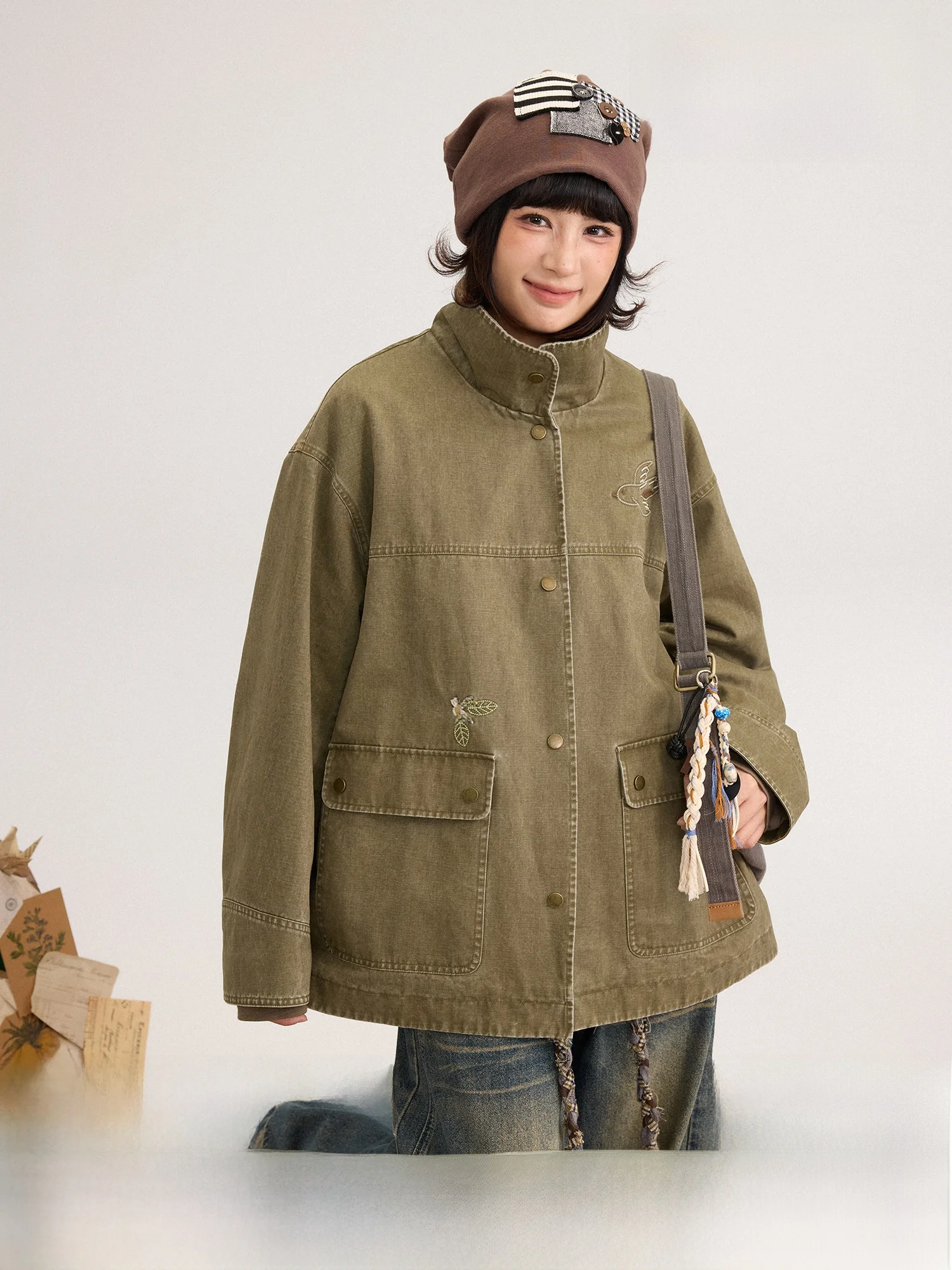 

Retro Cotton Flird Embroidery Jaet Women's Spring Outerwear Stand Fit Long Sve Button up Casual ort Coat