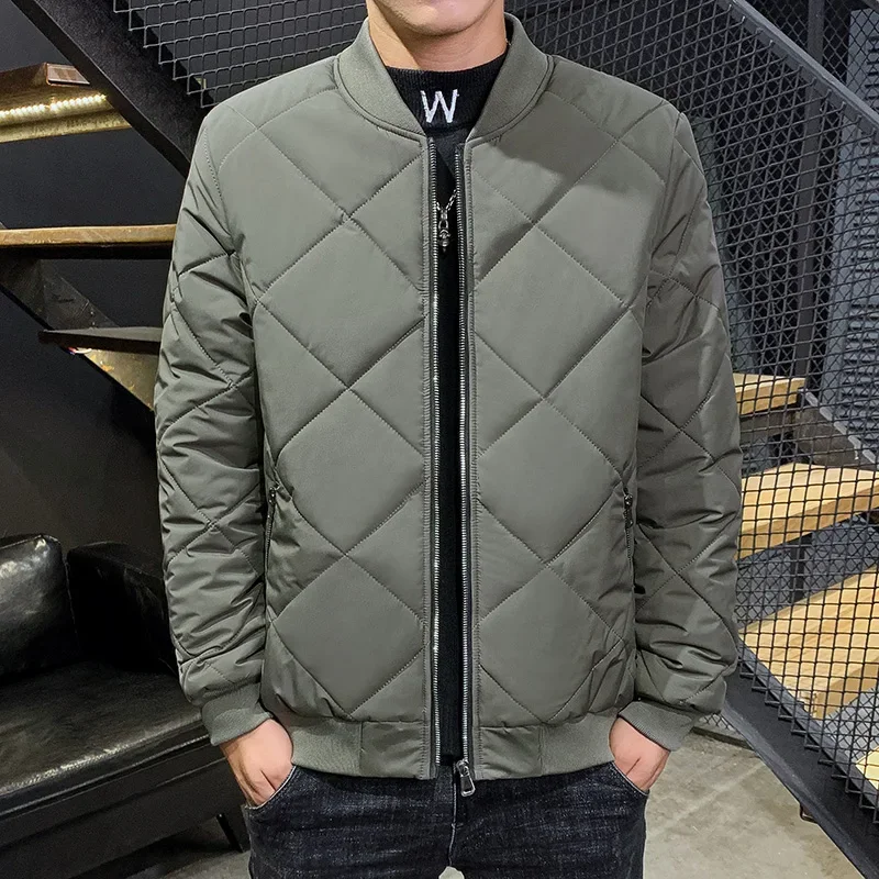 Autumn Winter New Cotton Padded Jacket Men Clothes Baseball Collar Parka Jackets Diamond Plaid Coat Men's Plush Puffer Jacket