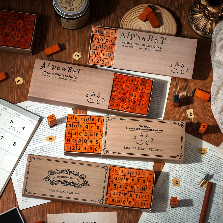 70 Piece Retro Letters Wood Stamp Set