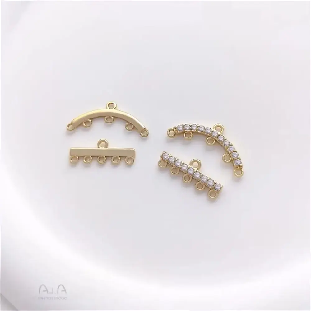 14K Gold Inlaid Zircon Horizontal Bar Arched Five Hanging Porous Tassel Charms Pendant Accessory DIY Earring Jewelry Material