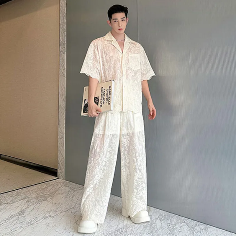 IEFB Male Two-piece Suit Embroidery Pocket Single Breasted Short Sleeve Thin Loose Pants Summer Trendy Turn-down Collar 9C5462