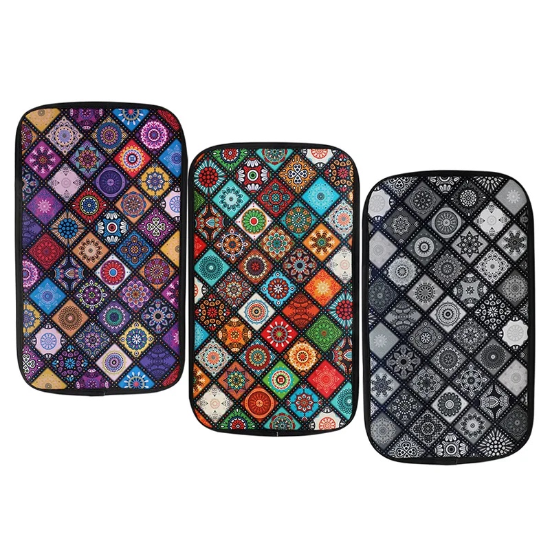 Car Armrest Cover Mat Universal Leather Ethnic Style Print Waterproof Non-slip Storage Box Pad Auto Styling Interior Accessories