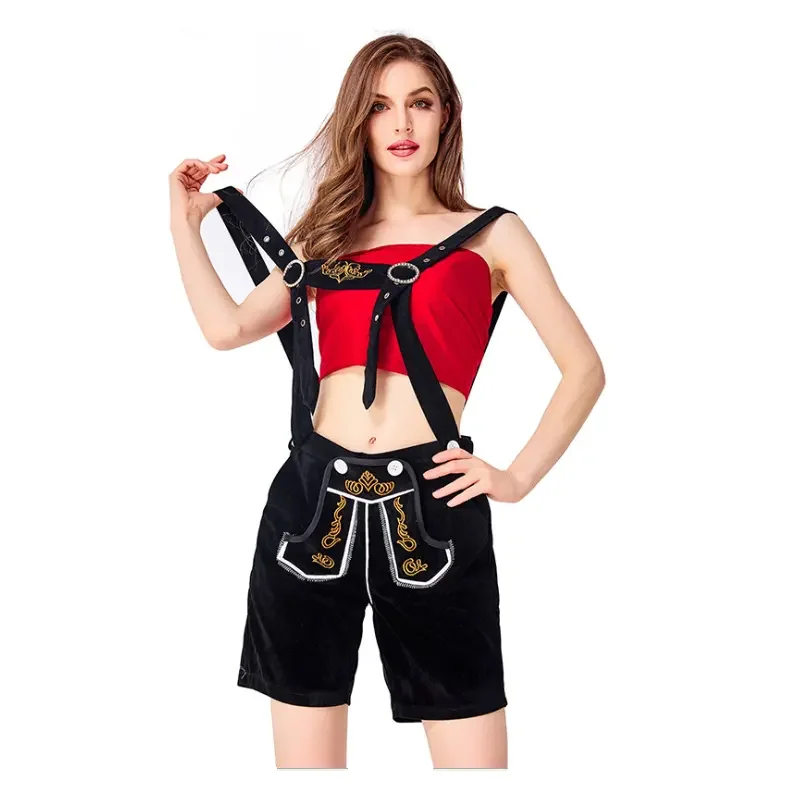 

Party Women Oktoberfest Costume Plaid Shirt Short Sleeve Lederhosen Black Brown Bavarian Beer Festival Cosplay Fancy Dress