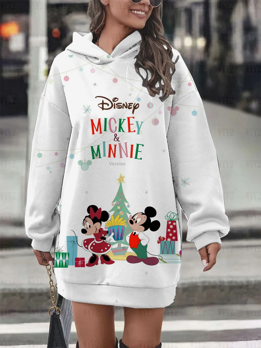 Mode Dameskleding Losse Herfst En Winter Hoodies Met Lange Mouwen Disney Kerstcadeau Mickey Minnie Print Hoodies Jurk