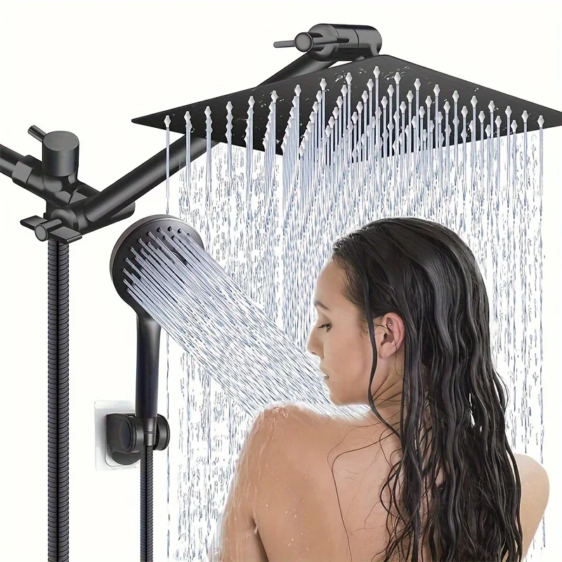 Dual Shower Head with Handheld Spray - 12 Inch All-Metal High Pressure Rain Shower System, Height-Adjustable Extension Arm
