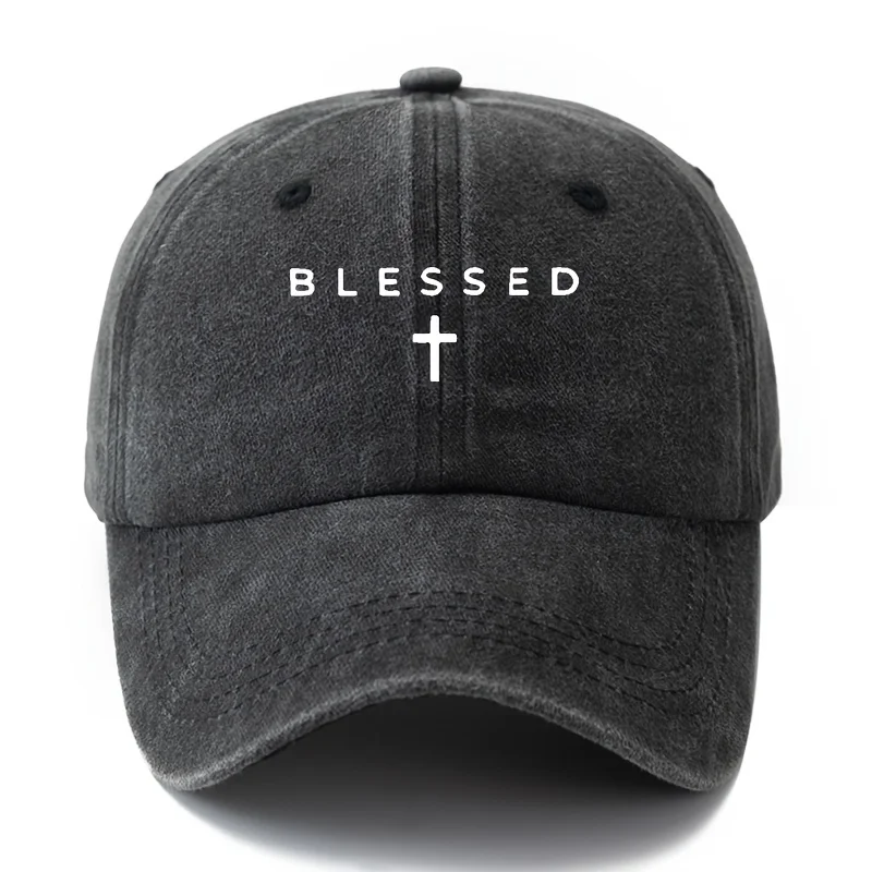 1 Unisex Fashionable Printed BLESSED Cross Baseball Cap Classic Vintage Washed Lightweight Curved Brim,Ideal for Outdoor Travel