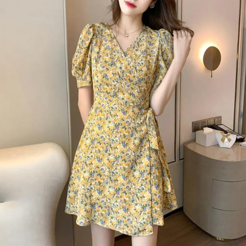 

Women's V-Neck Short Sleeve Dresses, Elegant Temperament Slim A-line Skirt, Casual Clothes, Simplicity Printing, Summer Fashion