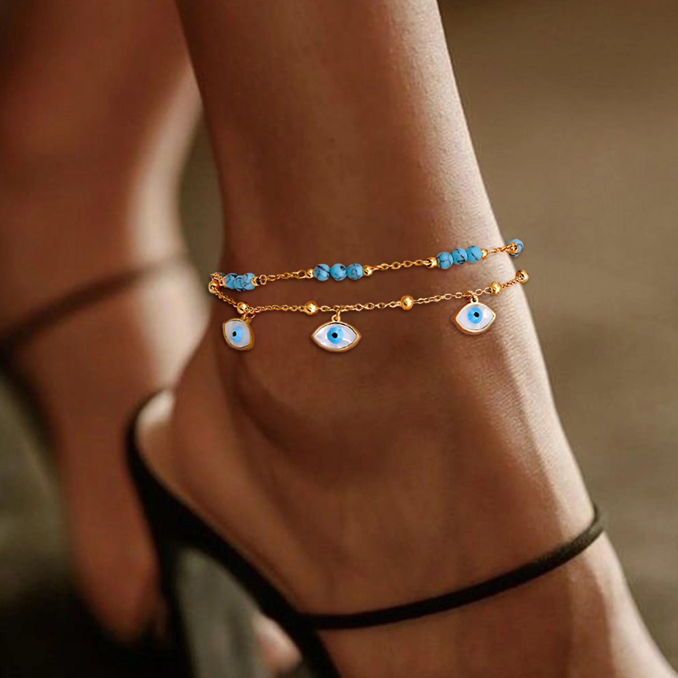 1 jeu de chaîne de cheville pour femme, étoile incrustée de Turquoise, oeil du diable, en acier inoxydable plaqué or 18 carats, chaîne superposée