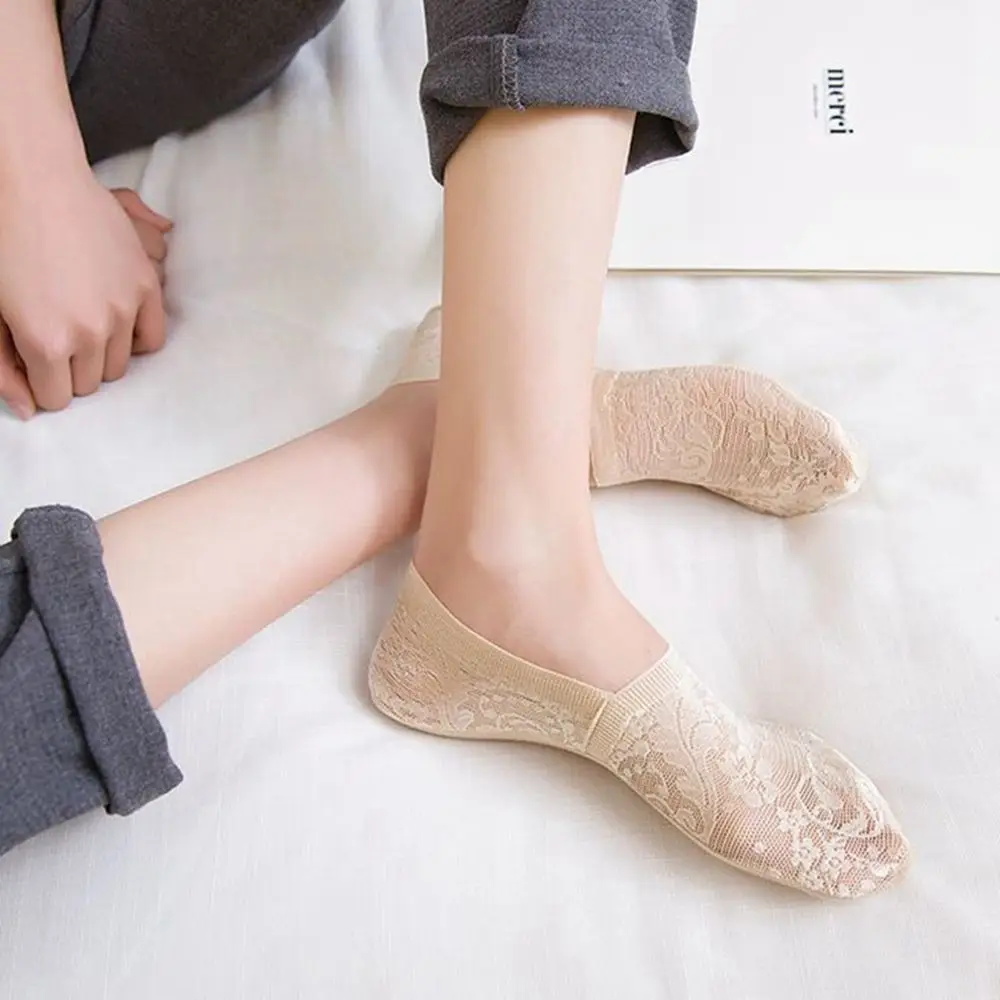 Stylish Flower Lace Cotton Short Socks for Beautiful Women, Summer Fashion Anti-skid Non-Slip Invisible Sokken Dropship