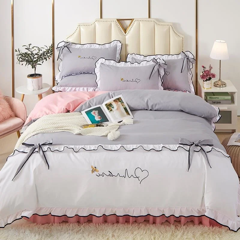 

Korean Princess Style Bedding Set Thickened Washed Cotton Bed Skirt Sheet Bed Cover Girls Quilt Cover Lace Ruffles Pillowcas4e