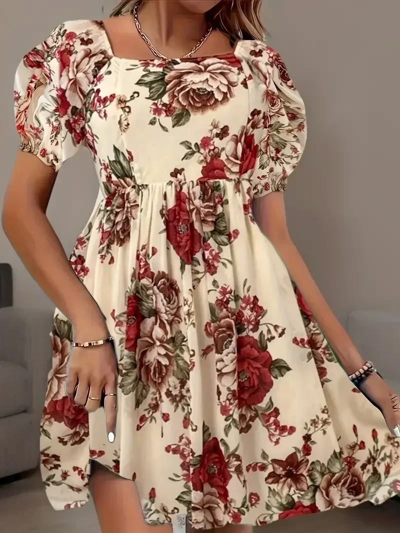 Plus Size 1XL-5XL Modna sukienka z kwiatowym nadrukiem Damska sukienka z bufiastym rękawem i kwadratowym dekoltem z krótkim rękawem na wiosnę i lato