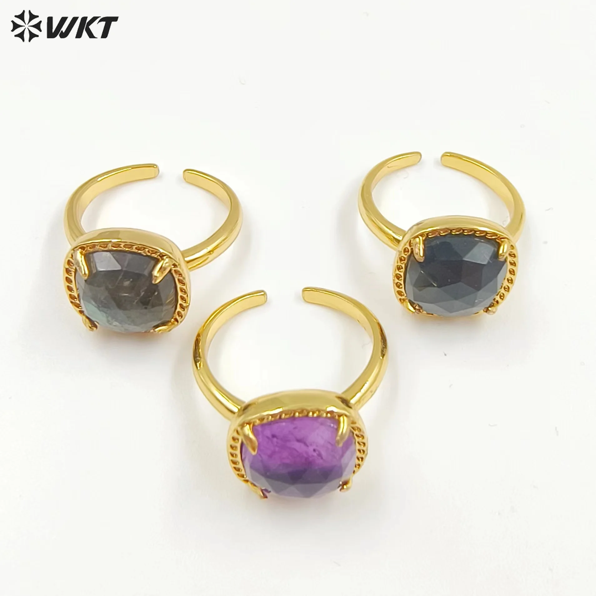 

WT-R469 Wholesale Square Prong Setting Natural Gemstone18k Real Gold Plated Women Ring Open Size Adjustable Ring