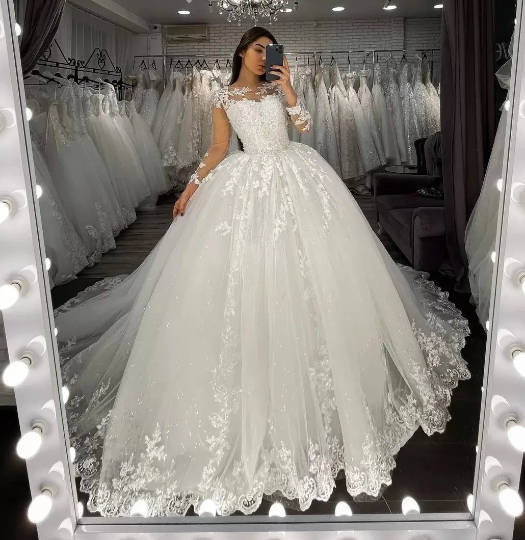 Robe de Mariée Princesse en Dentelle Florale à Manches sulfet Col Transparent, Paillettes, pour Patients, 2023