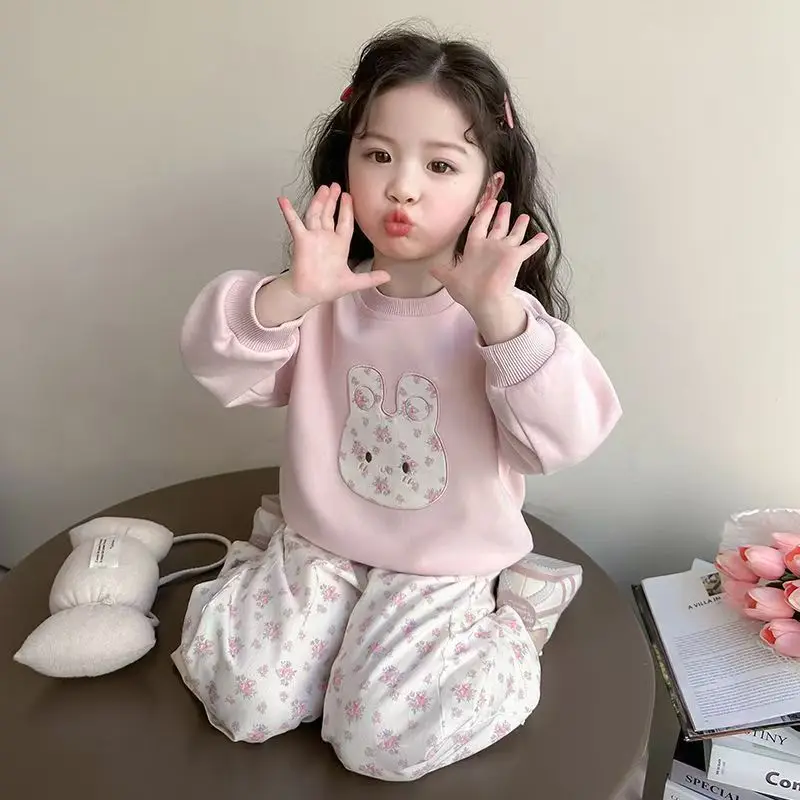 Girls' Clothing Set Spring and Autumn New Style Children's Korean Style Pink Sweater Floral Pattern Straight Pants Two-piece Set