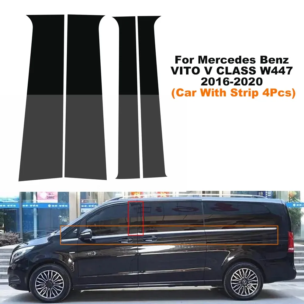 4Pcs Glossy Black Car Pillar Posts Door Window Trim Cover For Mercedes Benz VITO V CLASS W447 2016-2020 BC Column Sticker