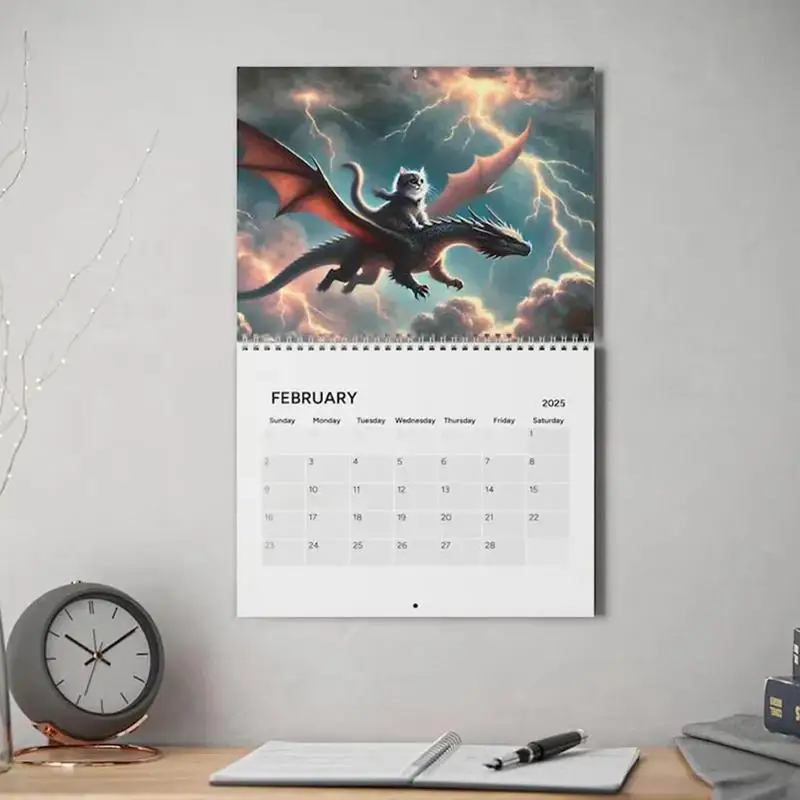 2025 Cat Riding Dragon Calendar 12 months ​Wall Mounted Cat Flying Dragon Calendar Pendant 2025 New Year Family Calendar
