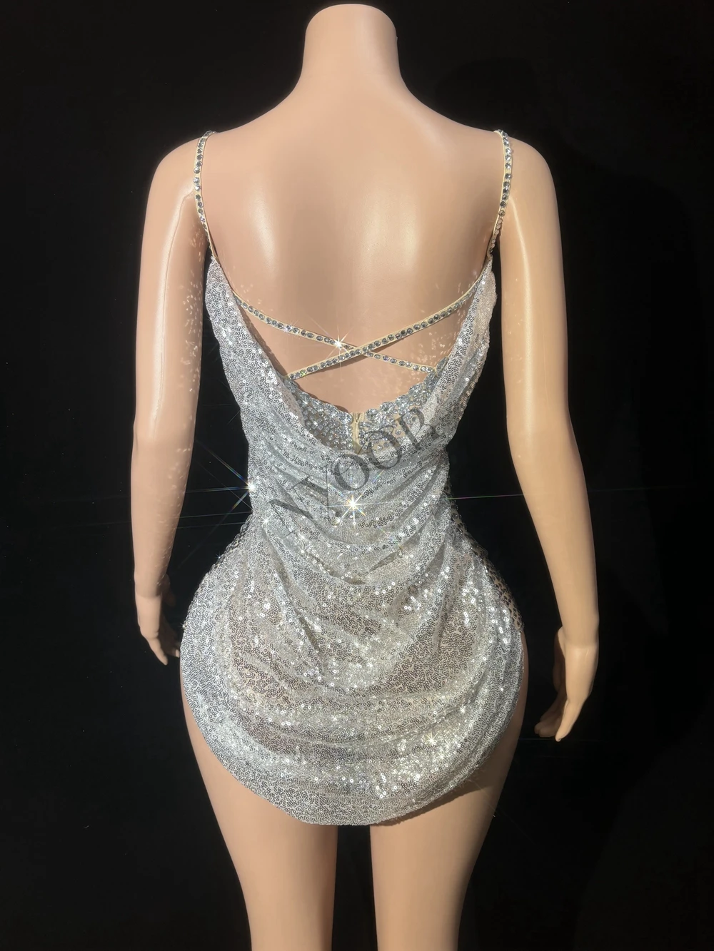 Sparkly Silver Sequins Rhinestones Mini Dress Sexy Evening Celebrate Party Birthday Dress Show Stage Wear Photo Shoot Dress