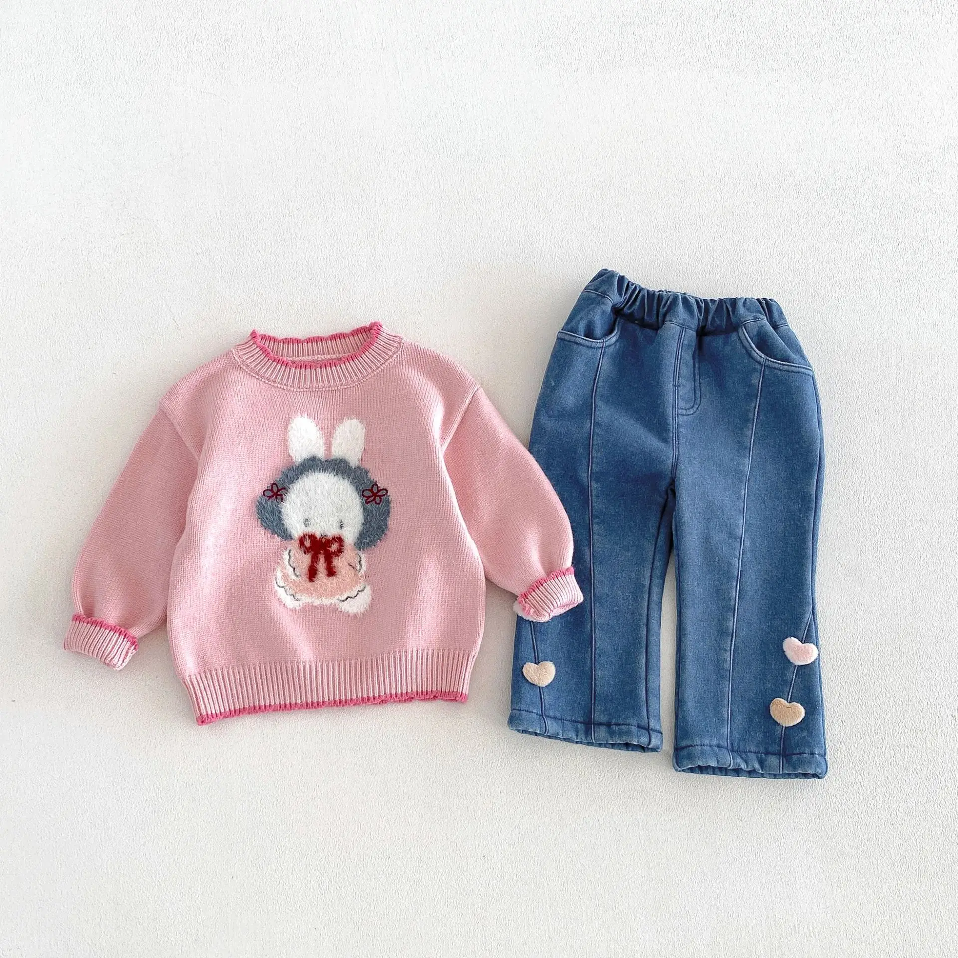 2026 New Winter Girls Heart Denim Pants | Fleece-Lined Flared Jeans | Thick Warm Trousers