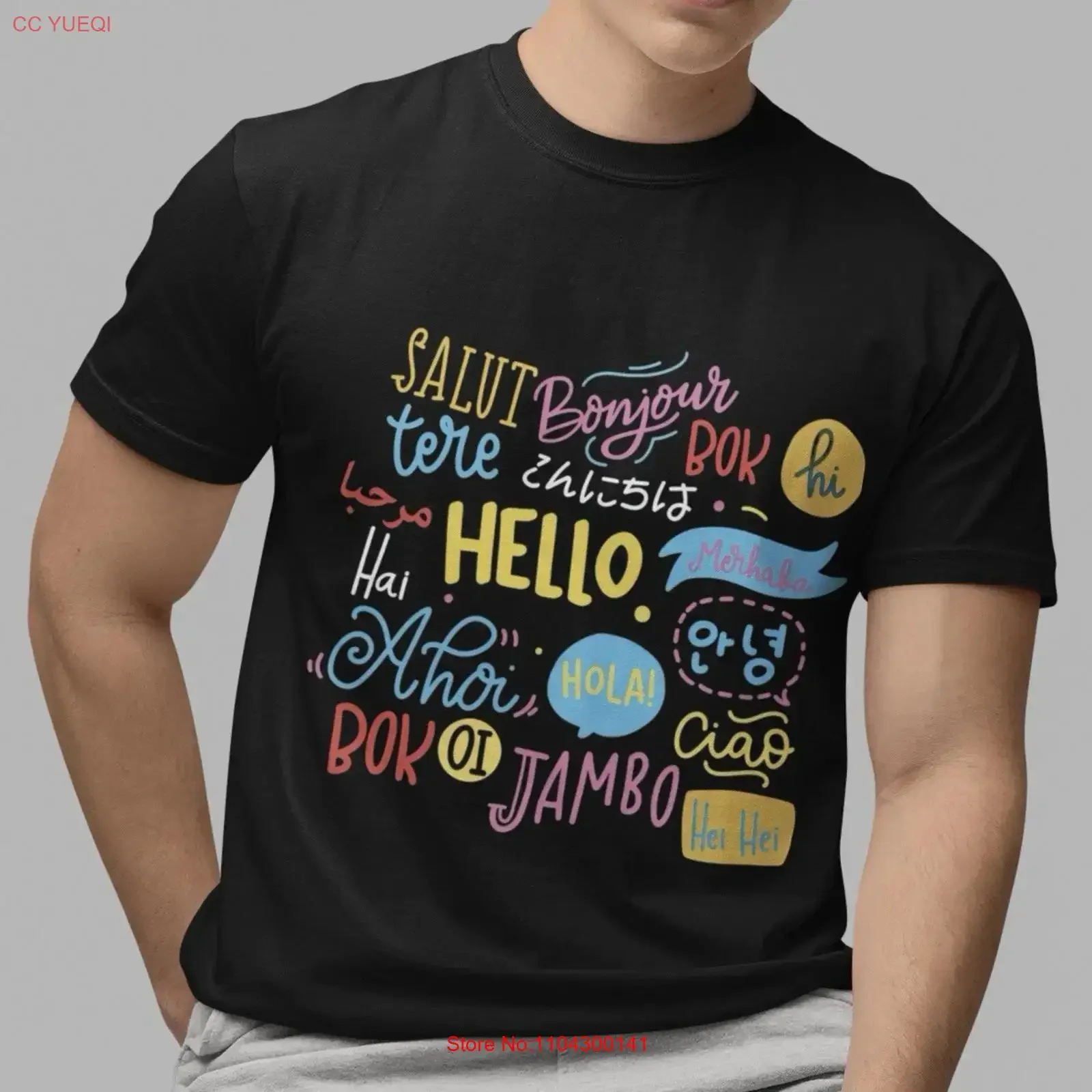 Colorful Hello In Different Languages Black T Shirt Casual Top vintage Washed homme streetwear fashion Stylish Stretched