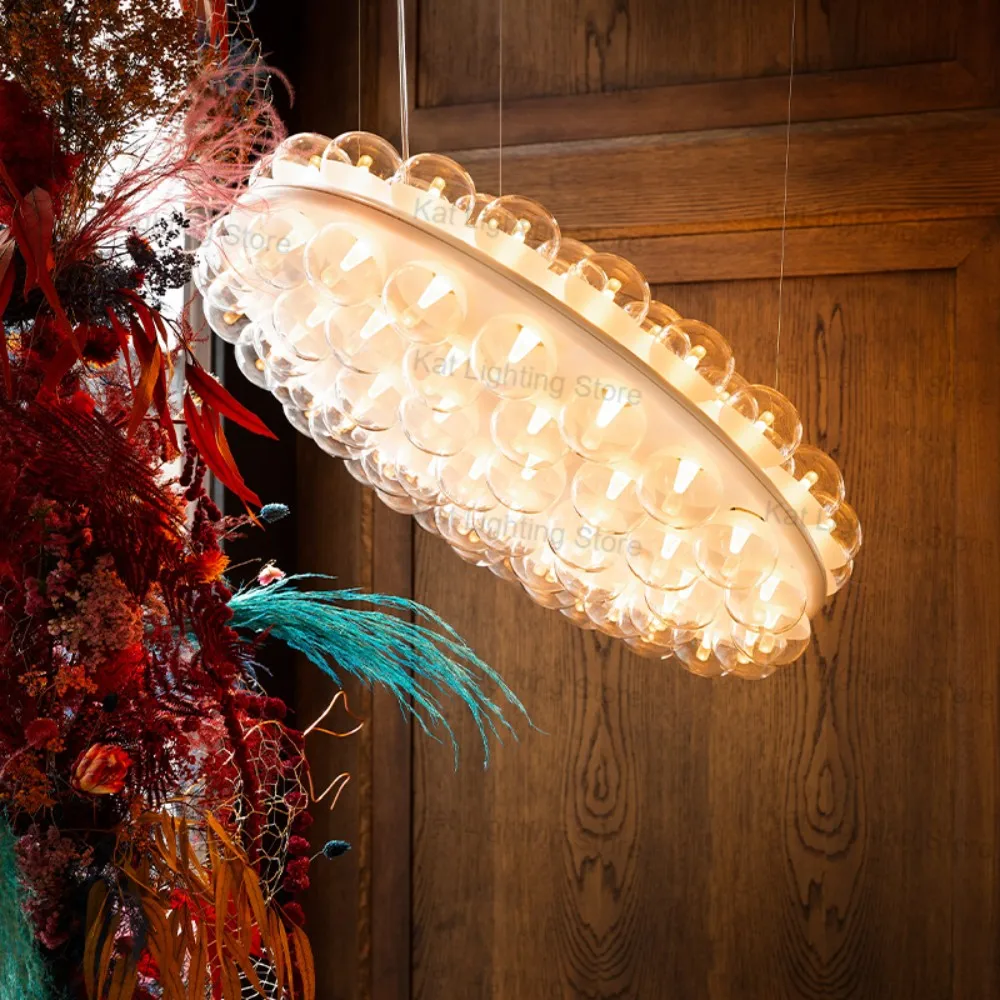 

Modern Bubble Shade Chandelier Lamp Glass Metal Lustre 3 Color Dimmable Lighting for Hotel Restaurant Ceilings