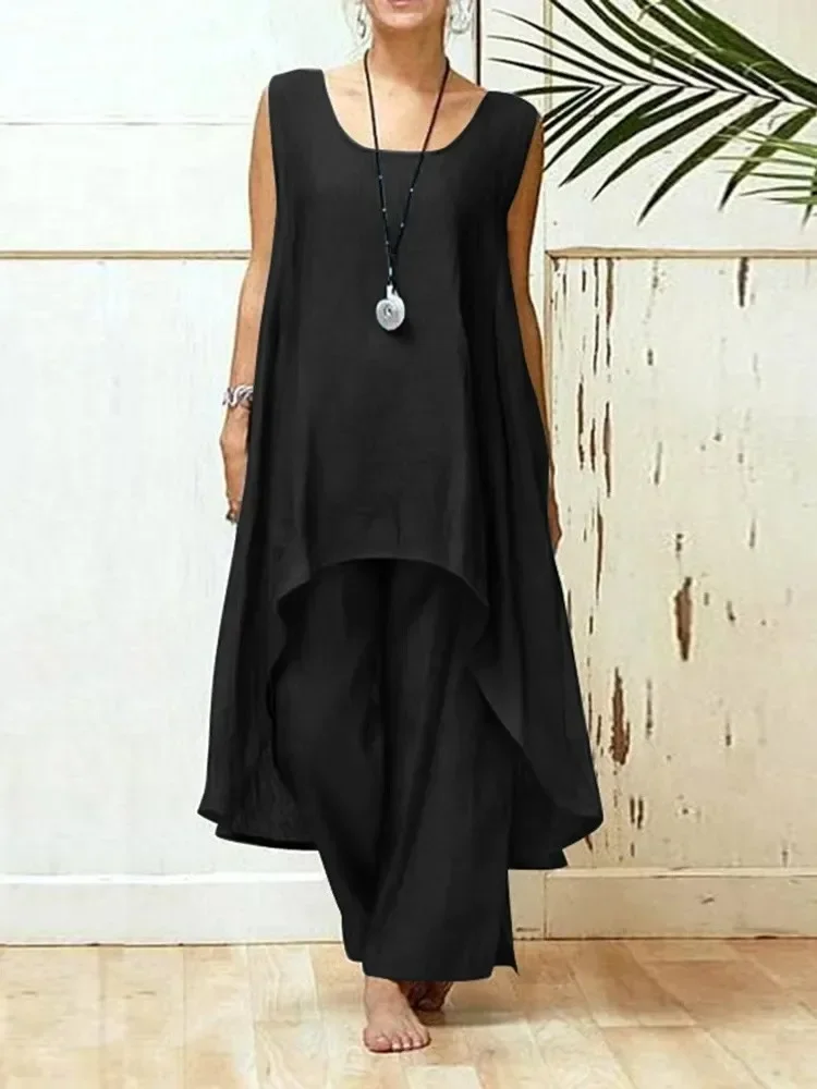 

Pant Sets Two Piece Set Elegant Women Bohemian Party Sleeveless Irregular Tops Wide Leg Pants Solid Leisure Streetwear Suit