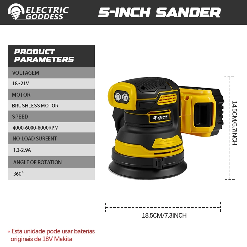 Electric Goddess 8000RPM Random Orbit Sander Home DIY Carpenter Strong Dust Collection Polisher For Dewalt 20V Battery Pin