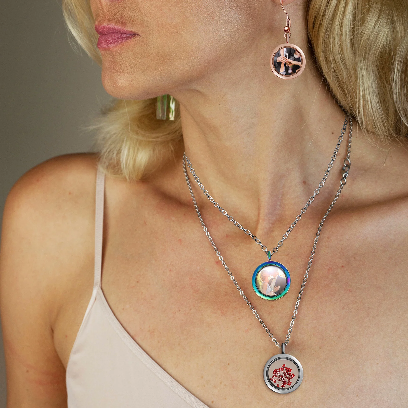 5 قطع من قلادات الصور الشفافة الدائرية لصناعة المجوهرات، قلادات معدنية لامعة بإطار مزدوج الجوانب قابل للفتح