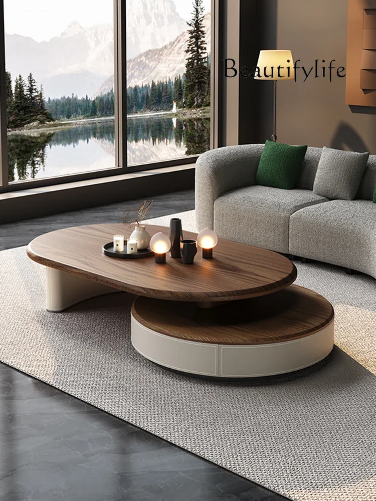 

Modern Simple and Light Luxury Retractable round Small Apartment Internet Celebrity Living Room Retro Solid Wood Tea Table