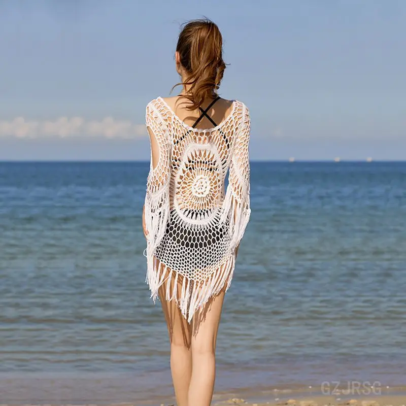 White Crochet Bikini Cover Up with Fringe Trim Women Sexy Hollow Tunic Beach Dress 2022 Summer Bathing Suit Beachwear