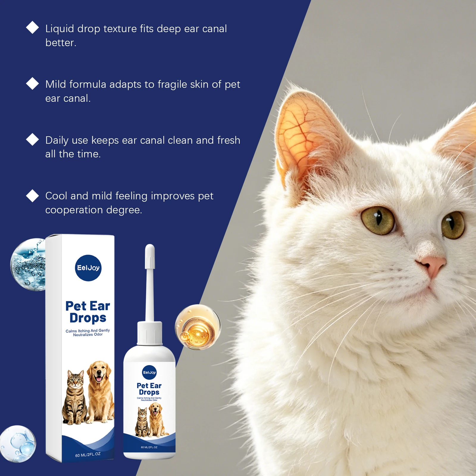 Cat Dog Ear Cleaner Reduce Odor Relieve Itching Anti Infection Control Mite Tick Avoid Deafness Pet Ear Drops Maintenance 60ml
