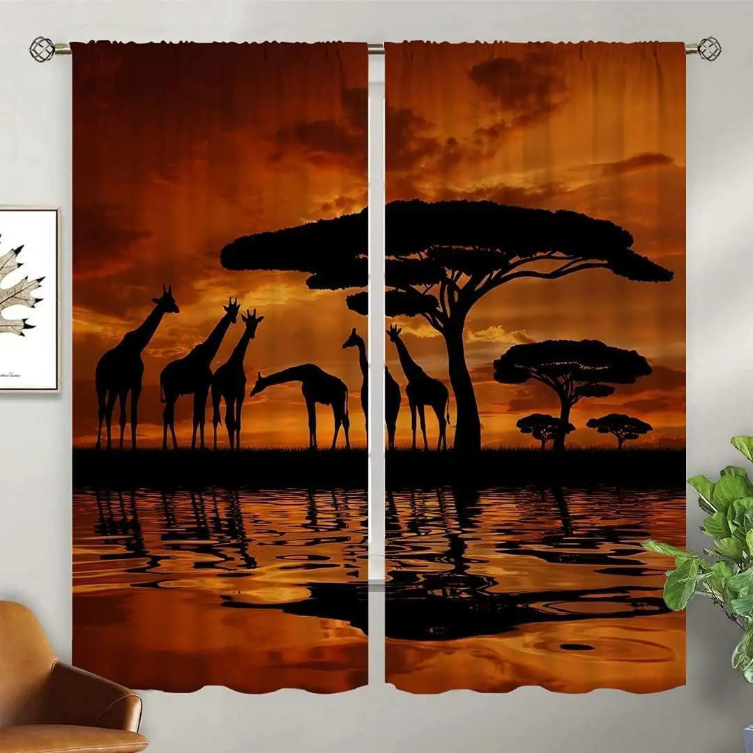 African Blackout Curtains for Home Decor,Giraffe Silhouette with Tree Over Sunrise in Kenya Rod Pocket Thermal Insulated Drapes