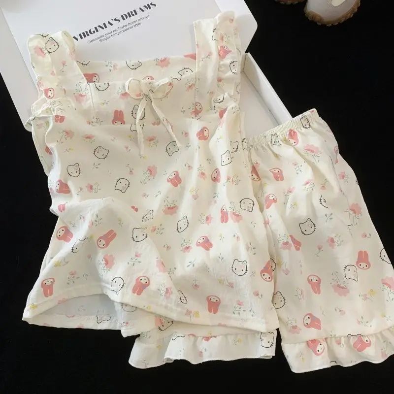 

Kawaii Hello Kitty Girls Undershirt Pajamas Halter Summer Cute Children Thin Shorts Princess Set Middle Large Children Home Wear